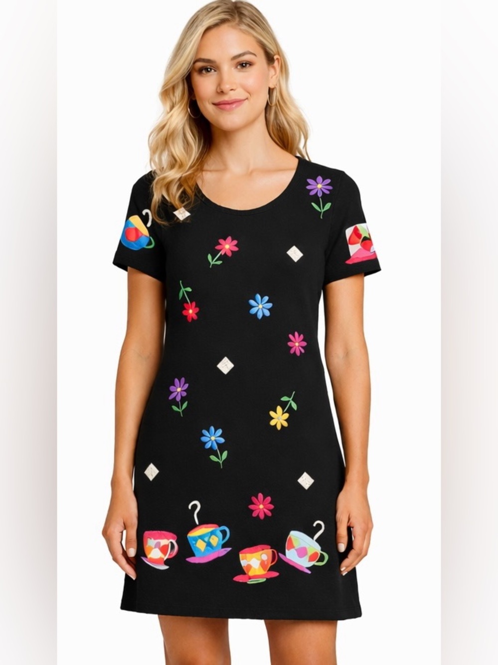 Michael Simon Teacup Dress Whimsical Embroidered Vintage‎ Novelty Black Mini